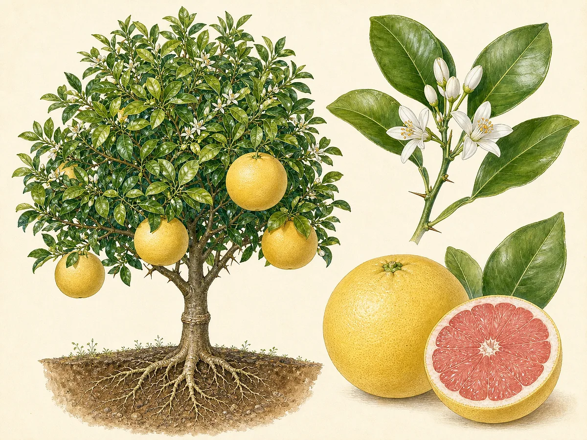 Ilustração botânica de toranjeira com folhas perenes, flores brancas aromáticas e toranjas amarelas, uma cortada mostrando polpa rosada