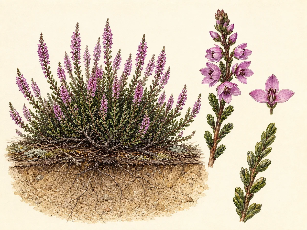 Ilustração botânica de torga em mata baixa com folhas minúsculas escamiformes, espigas de flores rosadas e raízes em solo ácido