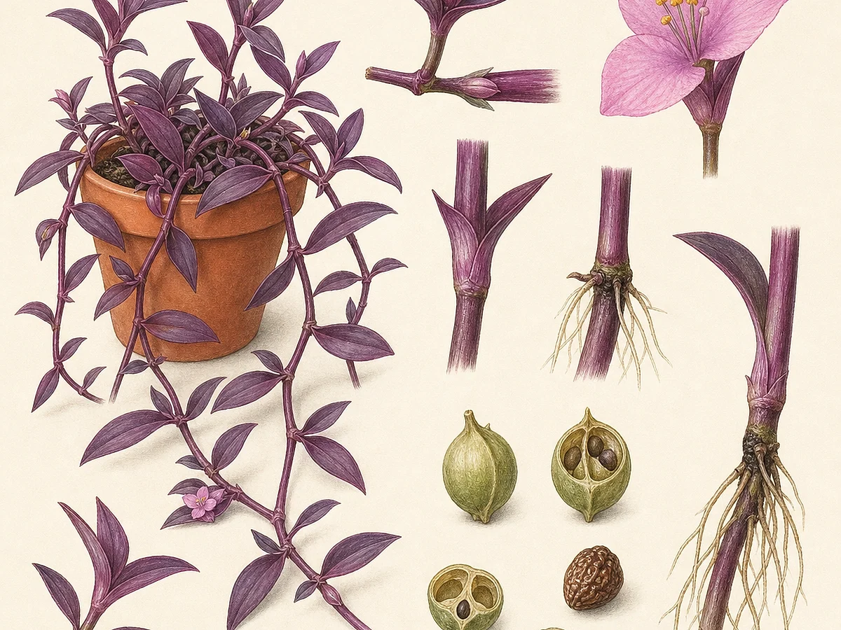 Prancha botânica de Tradescantia pallida com caules rastejantes, folhas lanceoladas púrpura, pequenas flores rosadas, cápsula e raízes nos nós