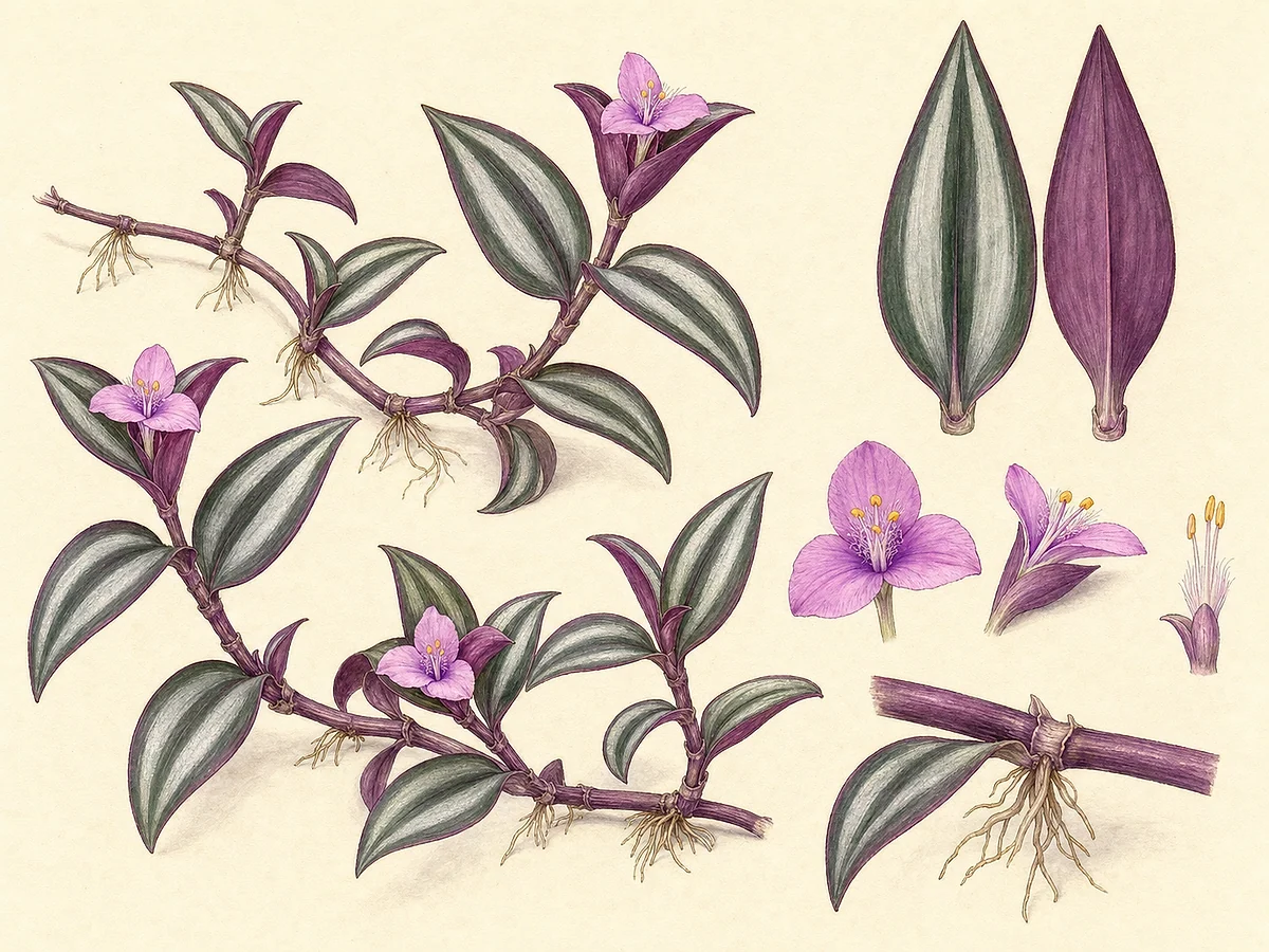 Prancha botânica de Tradescantia zebrina com caules rastejantes, folhas de faixas prateadas e verso púrpura, flores e nós enraizados