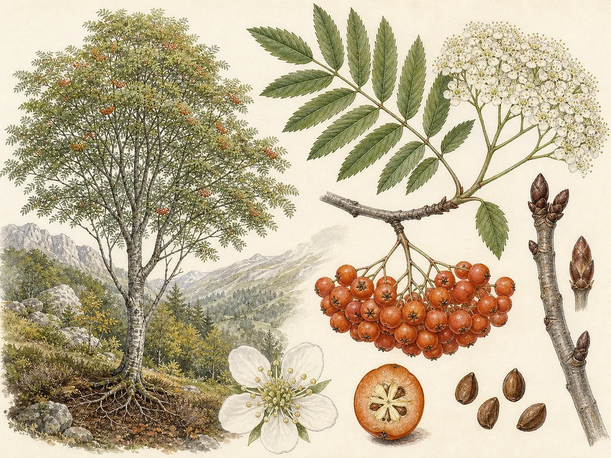 Prancha botânica de Sorbus aucuparia com porte de pequena árvore, folhas pinadas serradas, corimbos brancos, frutos alaranjados e gemas