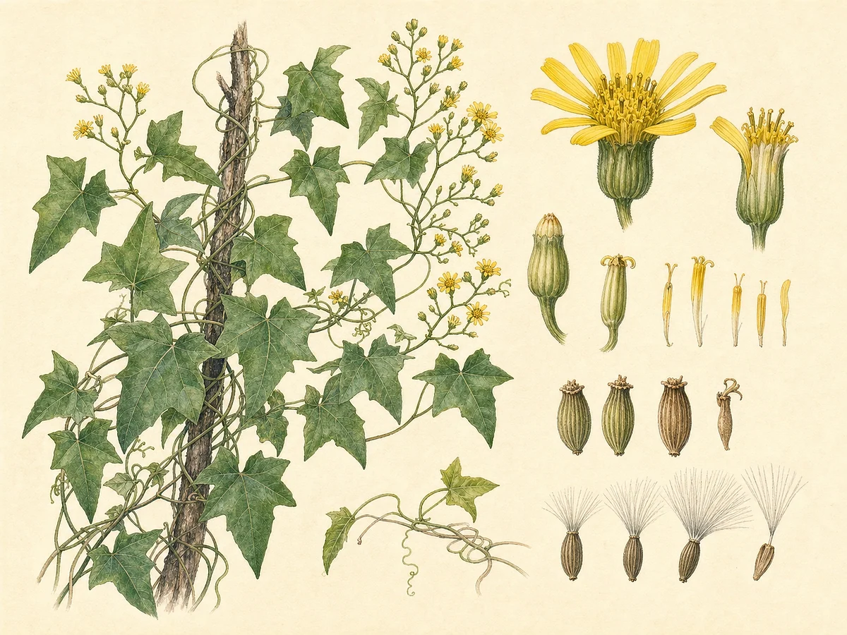 Prancha botânica documental de Senecio mikanioides, trepadeira introduzida registada no arquipélago da Madeira