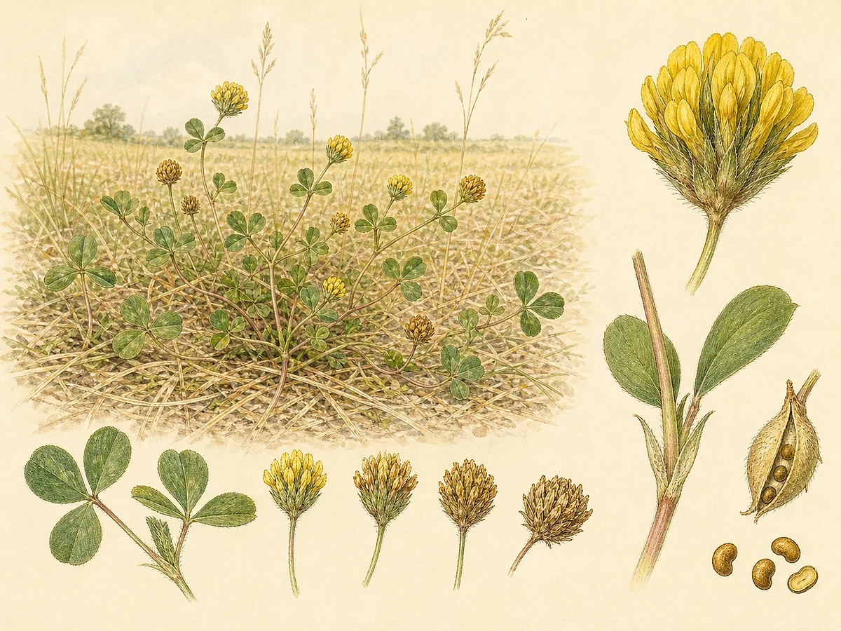 Prancha botânica de Trifolium dubium com caules finos, folhas trifoliadas de folíolos obovados, pequenas cabeças amarelas e vagens