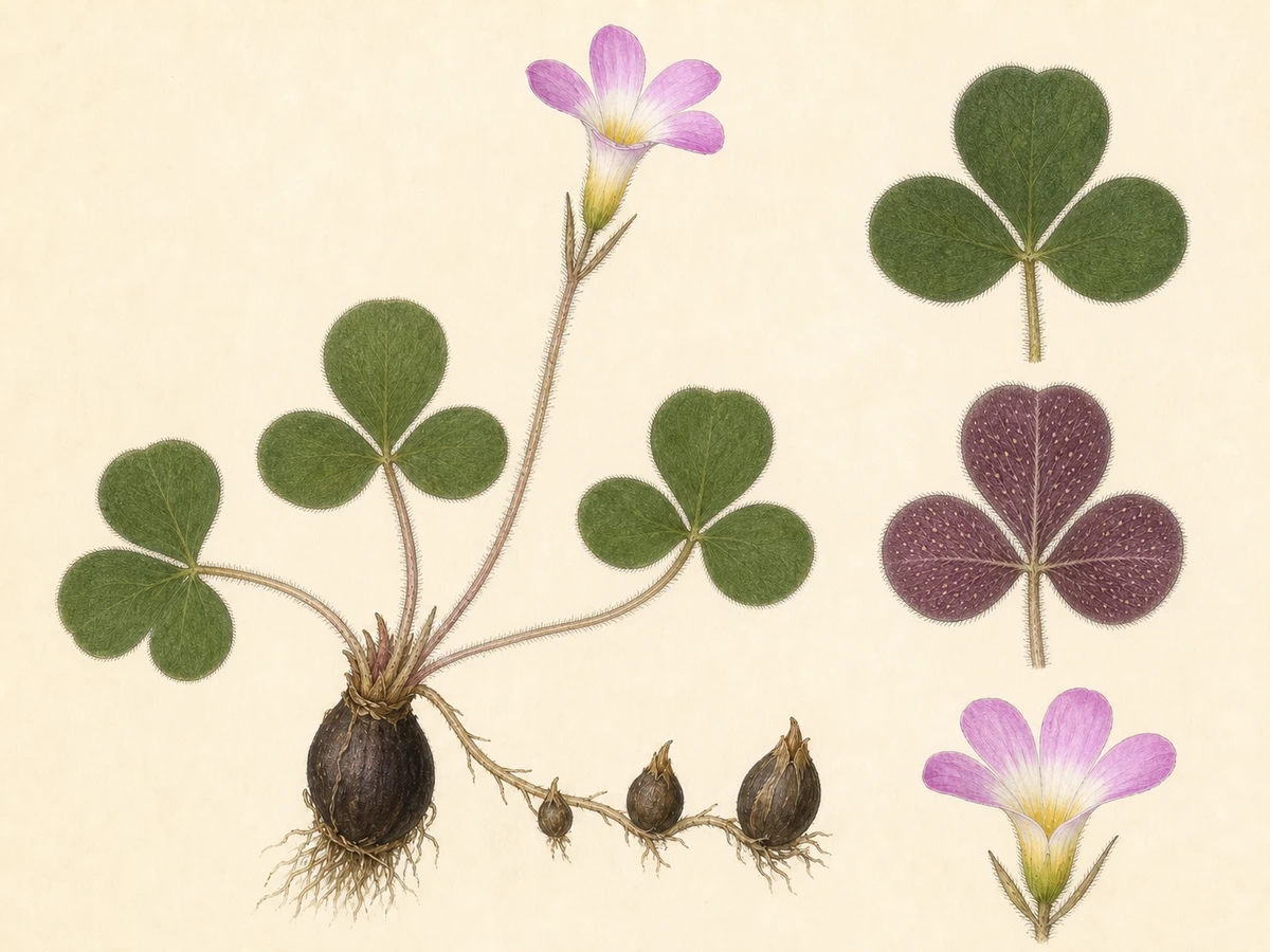 Prancha ilustrada de Oxalis purpurea com bulbo escuro, rizoma e bolbilhos, roseta basal prostrada de folhas trifolioladas obcordadas, face inferior purpúrea mosqueada e flor solitária rosa com base clara