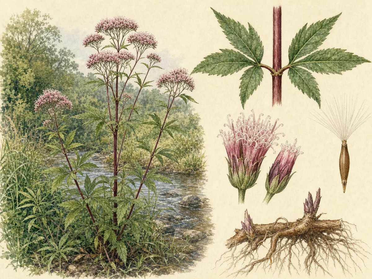 Prancha botânica de Eupatorium cannabinum subsp. cannabinum com caules avermelhados, folhas opostas palmatissectas, corimbos rosados e aquénios com papilho