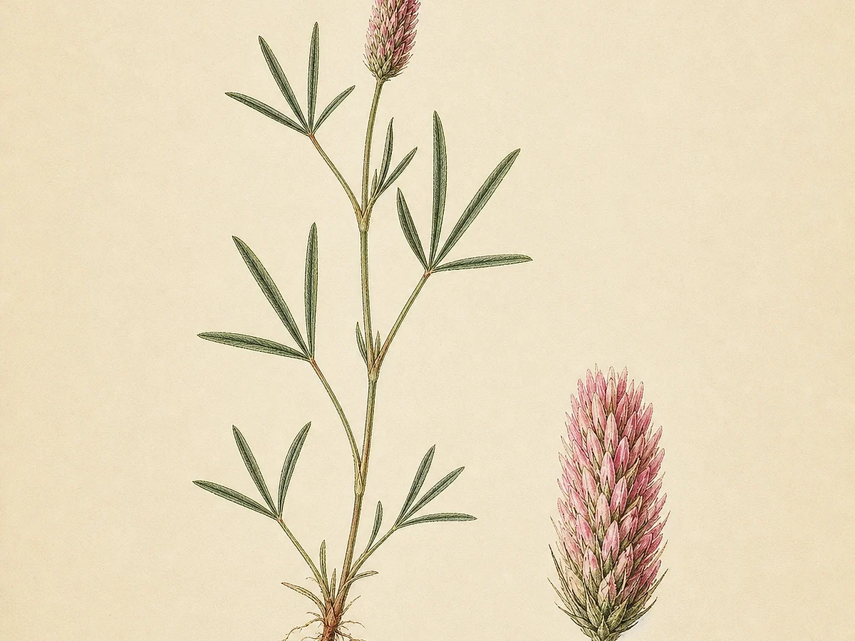 Prancha botânica de Trifolium angustifolium com caules eretos, folíolos muito estreitos e compridos e inflorescências cilíndricas rosadas