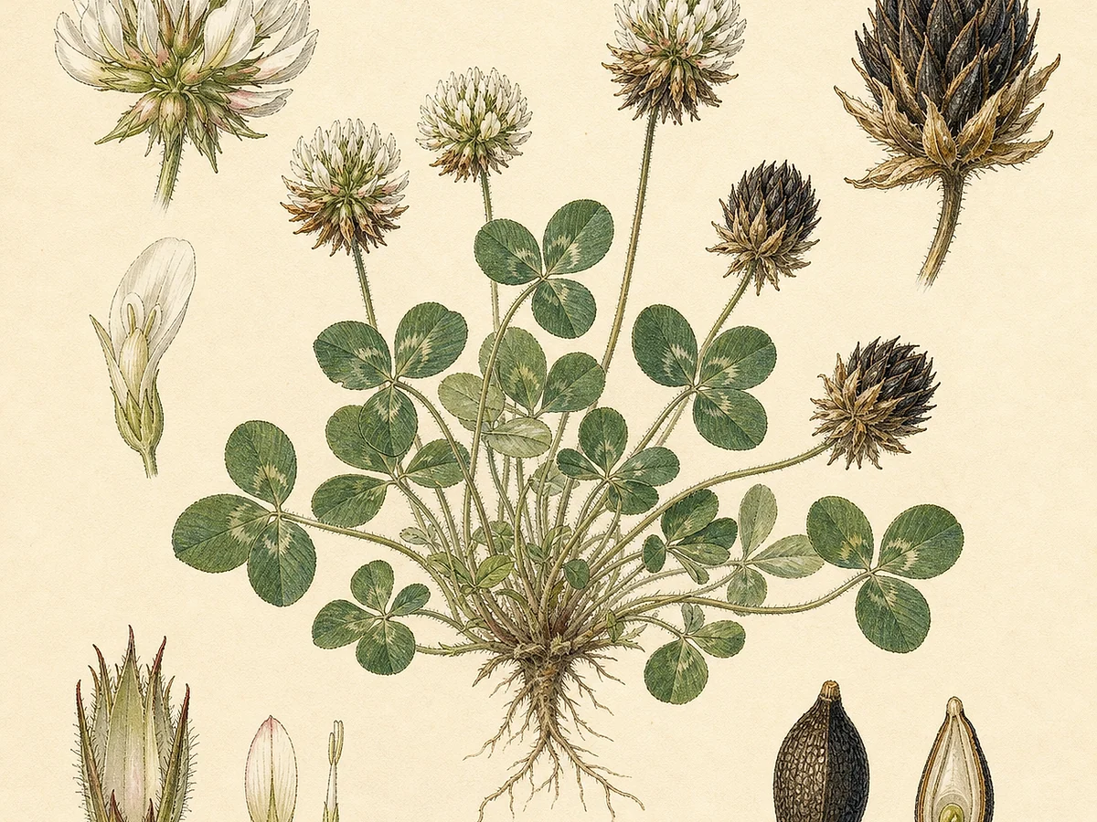 Prancha botânica de Trifolium nigrescens subsp. nigrescens com caules baixos, folhas trifoliadas e capítulos arredondados de flores brancas que escurecem