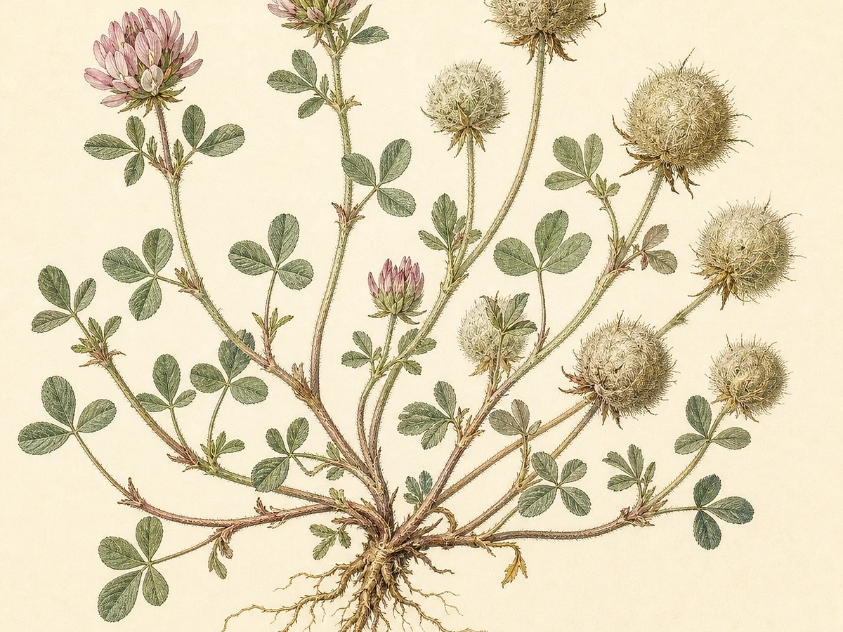 Prancha botânica de Trifolium tomentosum com hábito rasteiro, folhas trifoliadas, flores rosadas e cabeça frutífera globosa envolvida por cálices lanosos