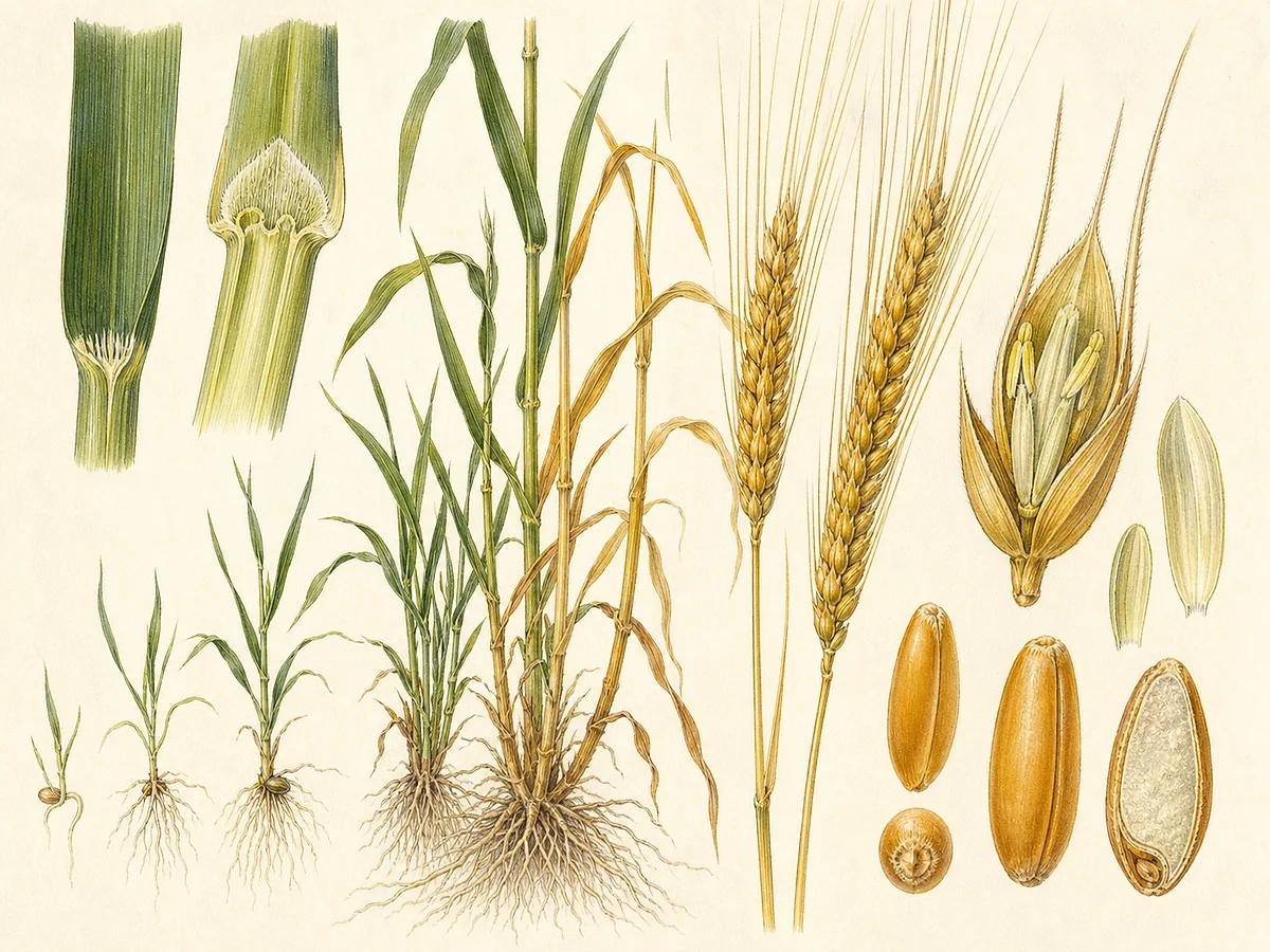 Ilustração botânica de trigo-duro com plântula perfilhada, colmos, espigas compactas muito aristadas e grãos âmbar alongados de endosperma vítreo