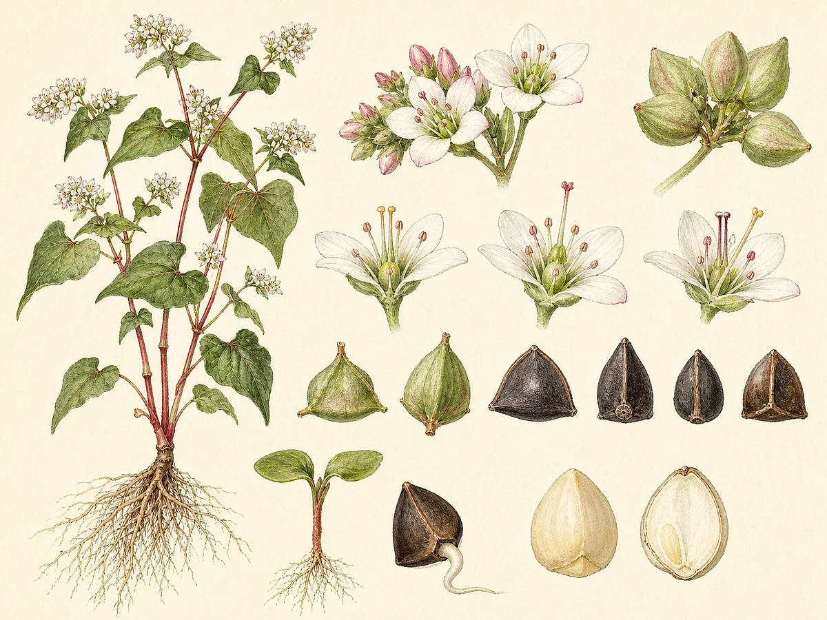Ilustração botânica de trigo-sarraceno com caules avermelhados, folhas triangulares, cachos de flores brancas, aquénios triangulares e plântula
