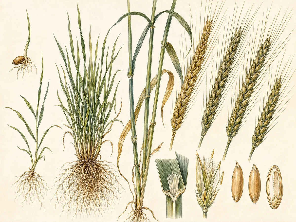 Ilustração botânica de triticale com plântula perfilhada, colmos altos, espigas aristadas intermédias entre trigo e centeio, raízes fasciculadas e grãos alongados