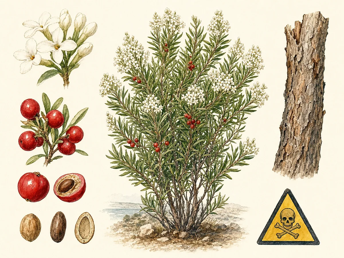 Prancha botânica de Daphne gnidium com arbusto ereto, folhas estreitas concentradas nas pontas, panículas de pequenas flores brancas e drupas vermelhas