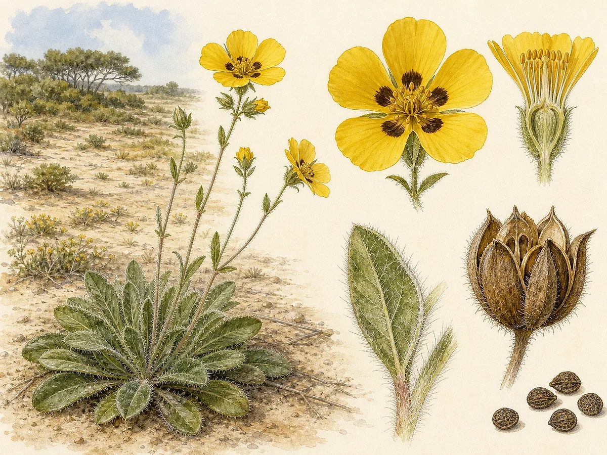 Prancha botânica de Tuberaria major com roseta de folhas peludas, hastes finas, flores amarelas de cinco pétalas com mancha basal e cápsulas