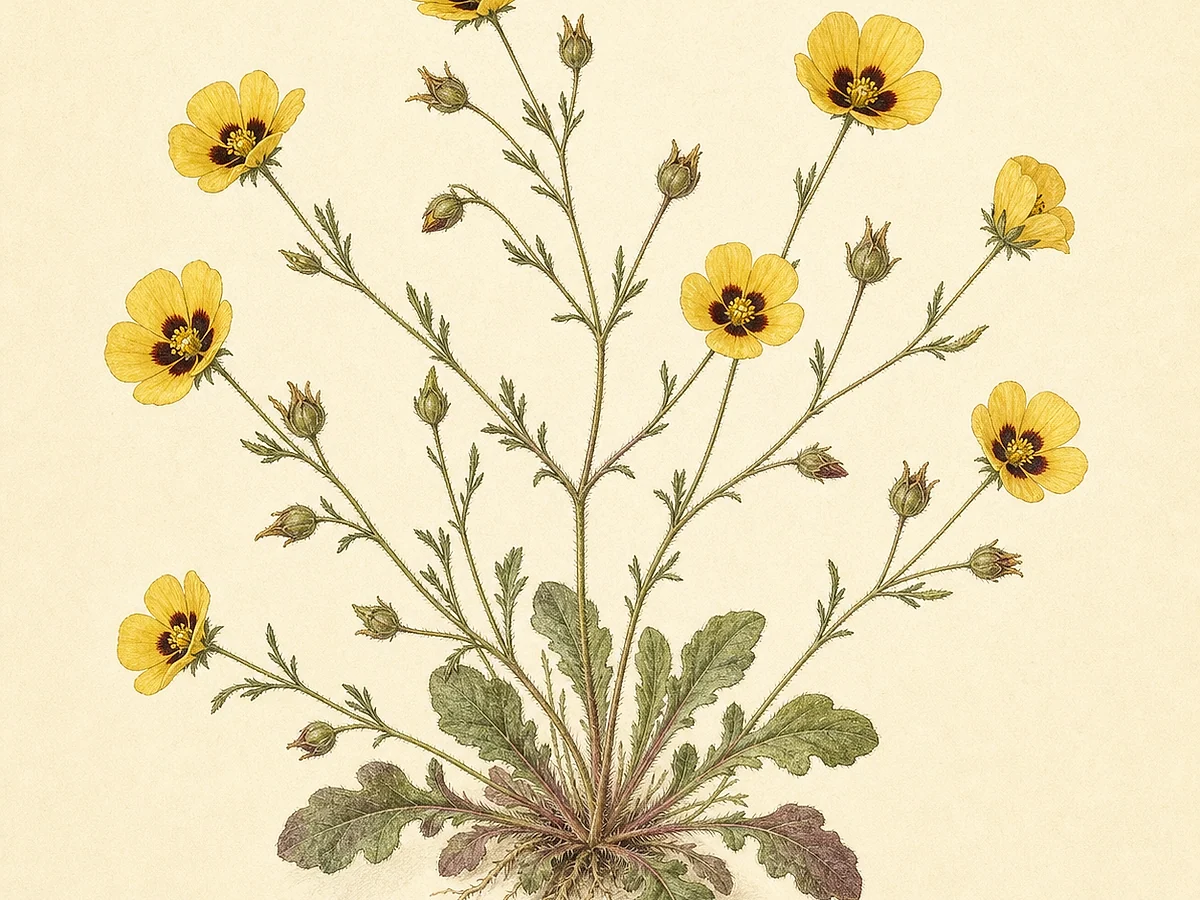 Prancha botânica de Tuberaria guttata com roseta baixa, caules finos, flores amarelas de cinco pétalas com mancha escura basal e cápsulas