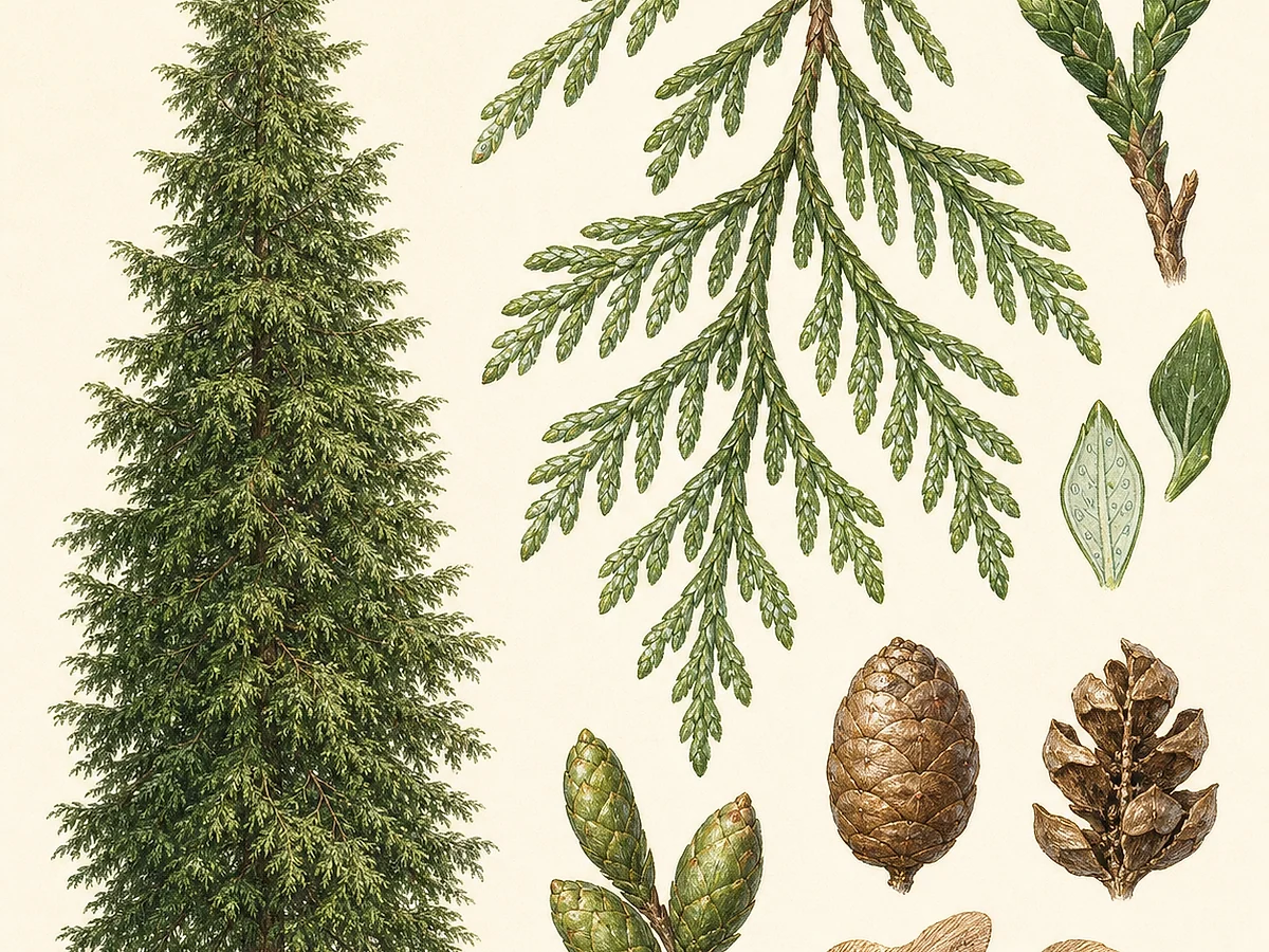 Prancha botânica de Thuja plicata com árvore piramidal, ramos arqueados, sprays planos de folhas escamiformes, pequenos cones ovóides e sementes