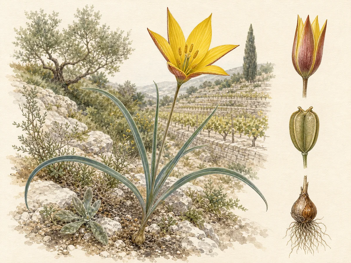 Prancha botânica de Tulipa sylvestris subsp. australis com flor amarela estrelada marcada de vermelho no exterior, folhas glaucescentes, cápsula e bolbo