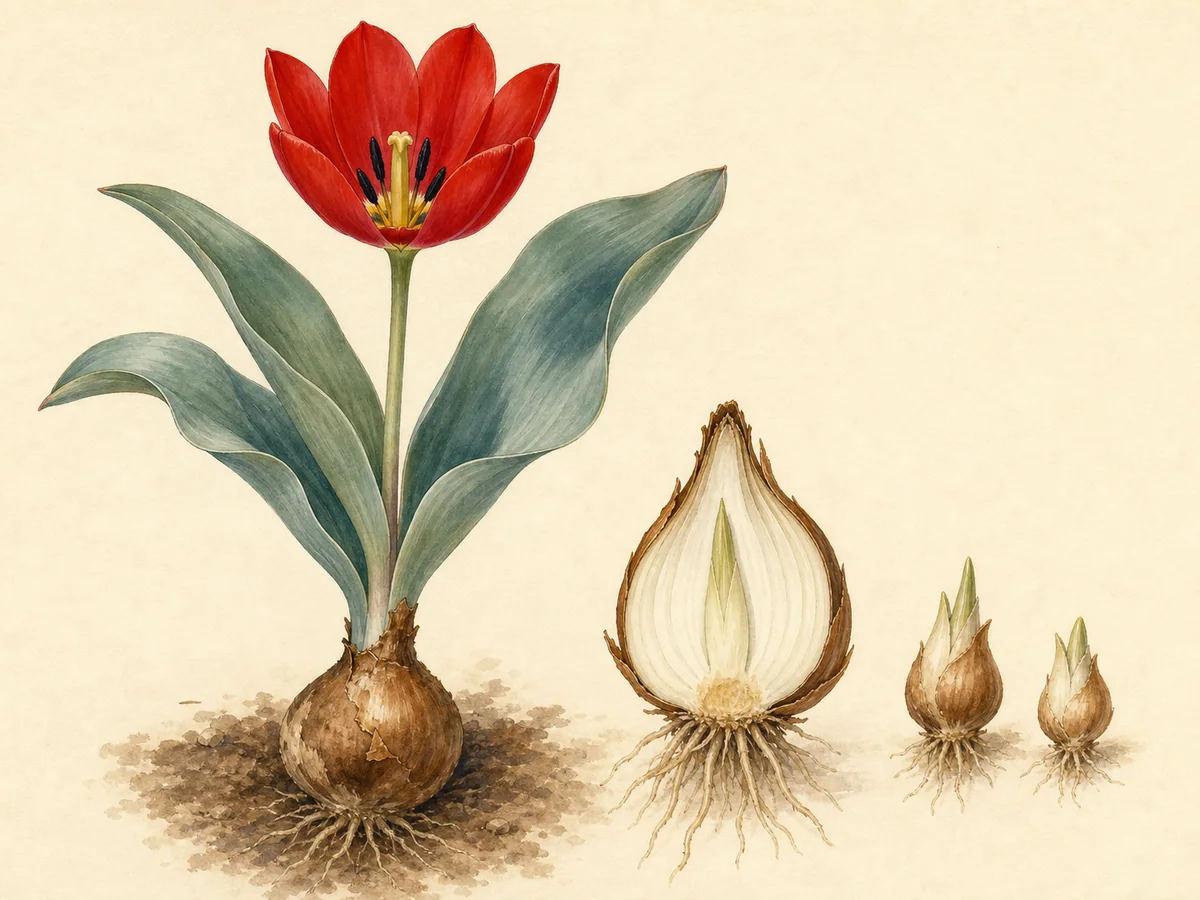 Ilustração botânica de uma tulipa vermelha com folhas largas glaucas, bolbo em corte e pequenos bolbilhos laterais
