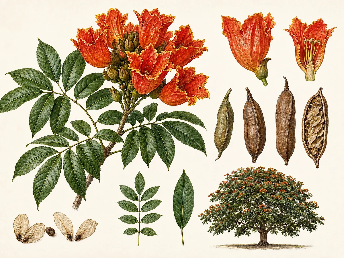 Prancha botânica de Spathodea campanulata com árvore, folhas pinadas, flores laranja-avermelhadas, cápsula e sementes aladas