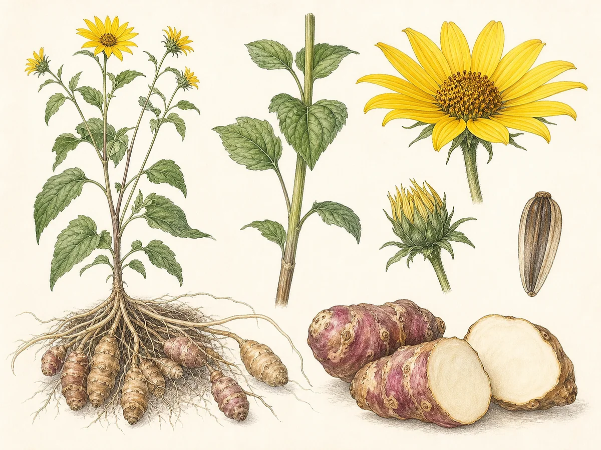 Ilustração botânica de tupinambo alto com caules ásperos, folhas opostas e alternas, flores amarelas, rizomas com tubérculos irregulares inteiros e cortados