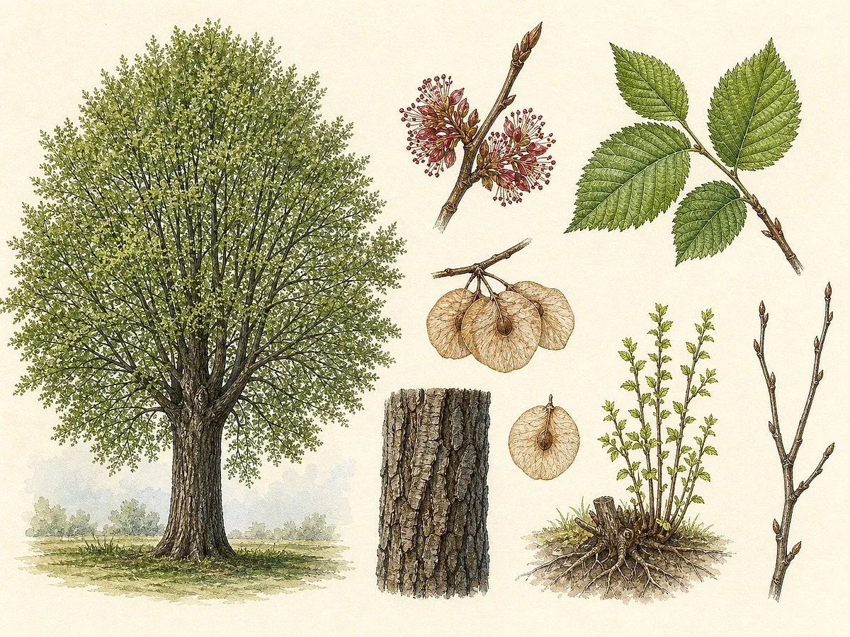 Prancha botânica de Ulmus minor com copa em vaso, folha pequena áspera de base muito assimétrica, flores precoces, sámaras circulares e rebento de raiz