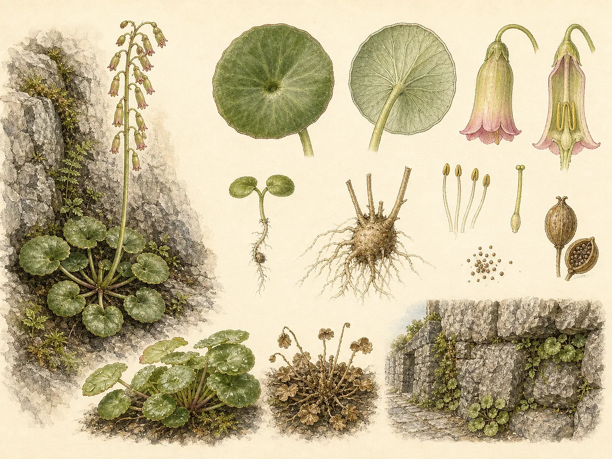 Prancha botânica de Umbilicus rupestris com folhas carnosas redondas e peltadas, roseta de fenda e espiga de flores tubulares pendentes