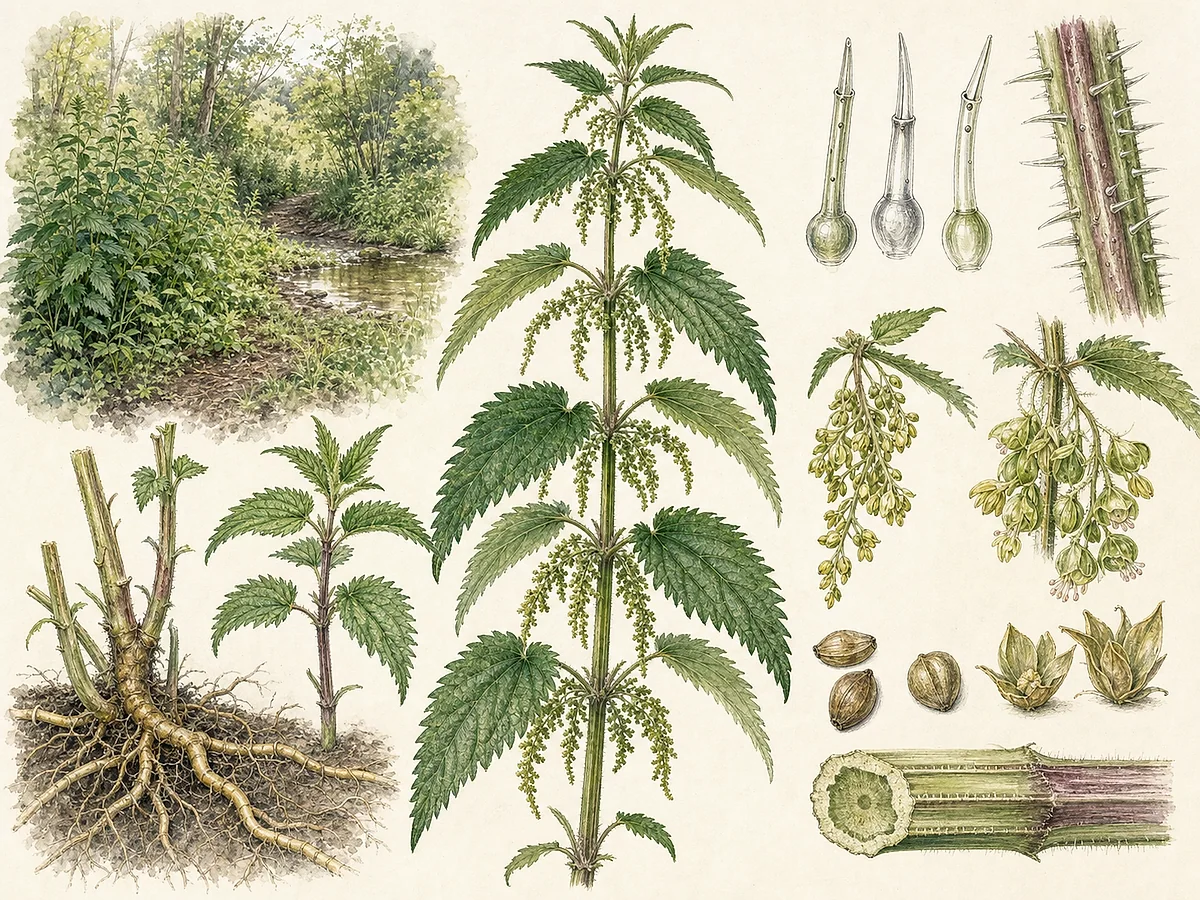 Prancha botânica de Urtica dioica com caules quadrangulares, folhas opostas serradas, pelos urticantes, flores masculinas e femininas e rizomas
