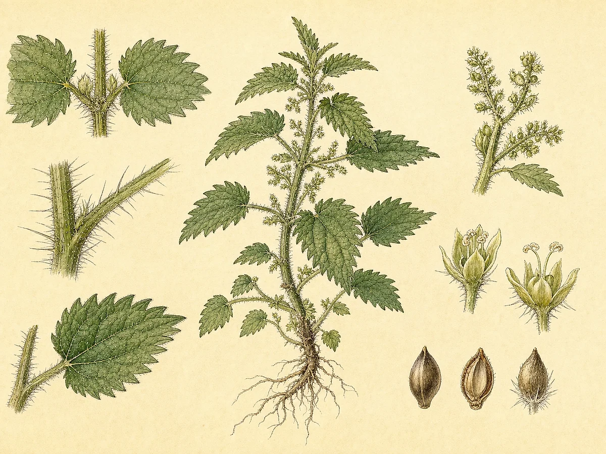 Prancha botânica de Urtica urens com erva anual, folhas opostas serradas, pelos urticantes, inflorescências e aquénios