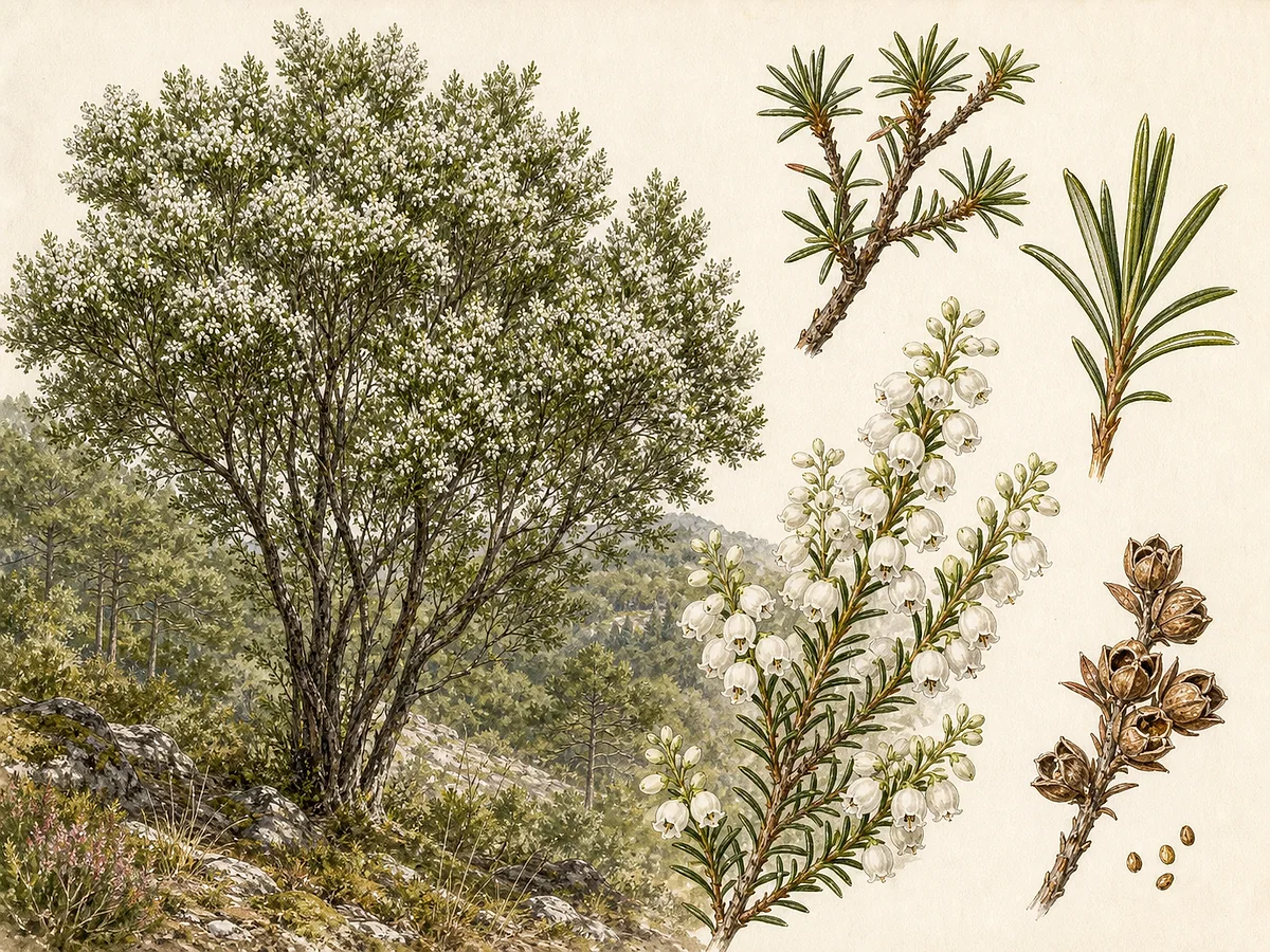 Prancha botânica de Erica arborea com grande arbusto ou pequena árvore, ramos finos, folhas lineares em verticilos, panículas de pequenas flores brancas em sino e cápsulas