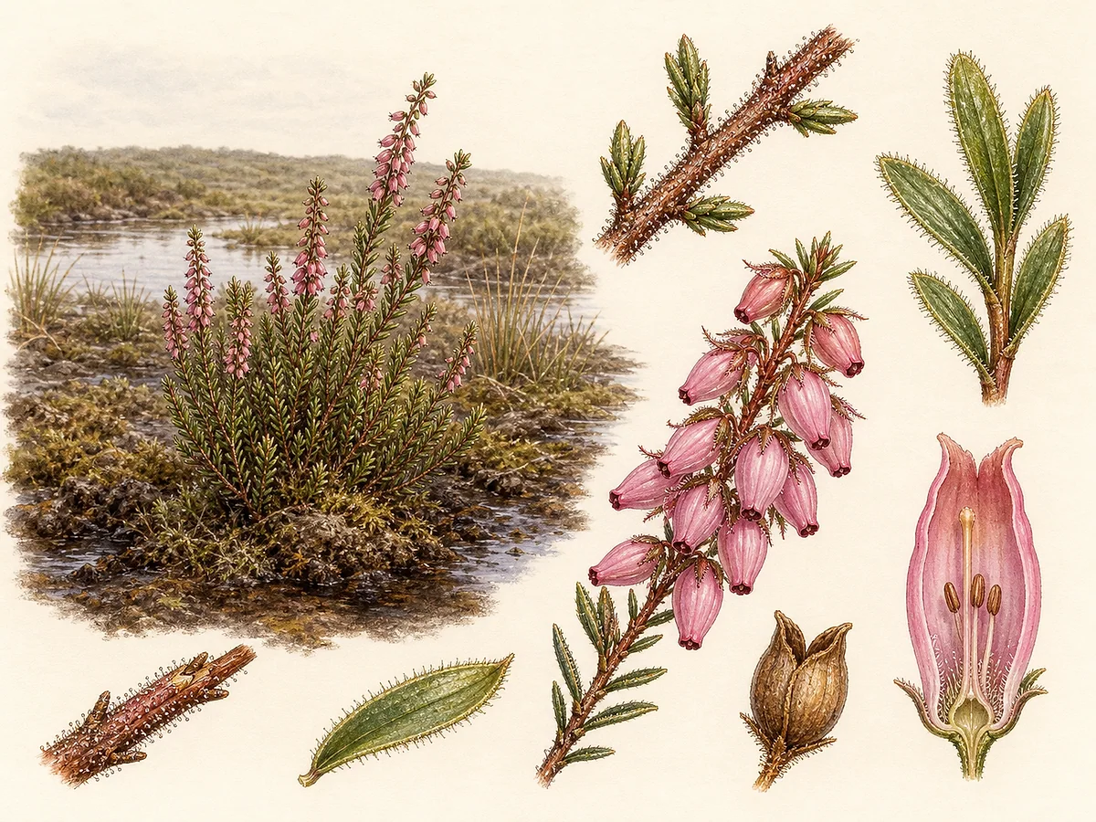 Prancha botânica de Erica ciliaris com ramos glandulosos, folhas ciliadas e cachos de flores rosadas tubulares