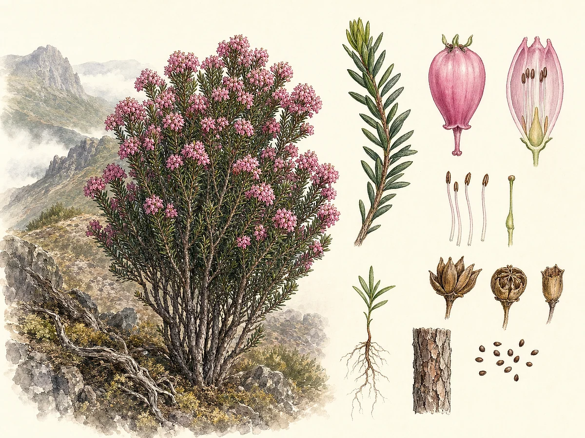Prancha botânica de Erica platycodon subsp. maderincola com urze de altitude, folhas pequenas estreitas, flores rosadas urceoladas, estames, cápsulas, sementes, casca e raízes