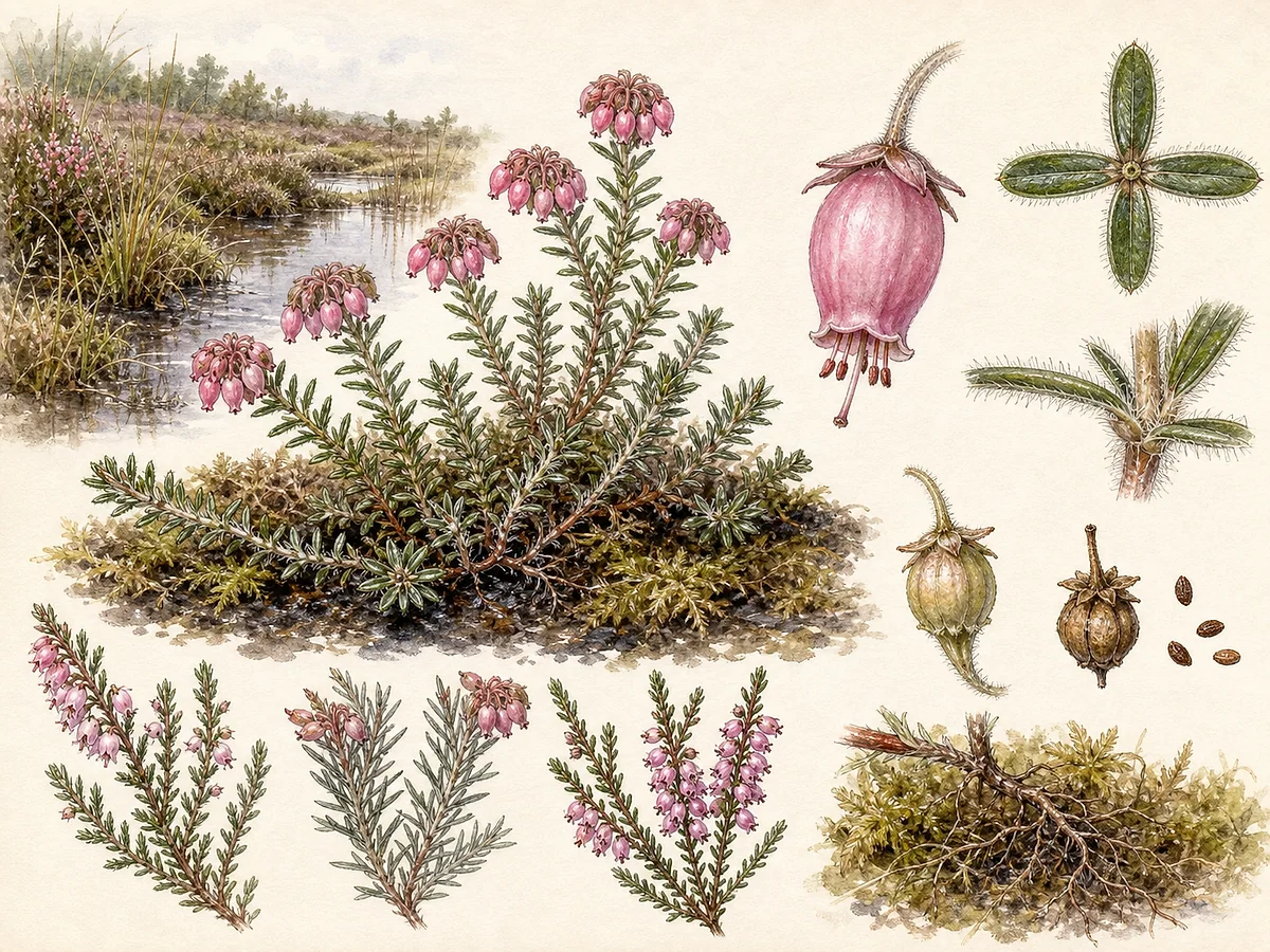 Prancha botânica de Erica tetralix com pequeno arbusto, folhas estreitas em verticilos de quatro, pelos glandulares e cachos terminais de flores rosadas urceoladas