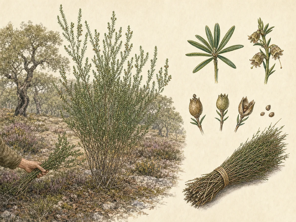 Prancha botânica de Erica scoparia subsp. scoparia com arbusto alto de ramos finos, folhas minúsculas em verticilos, flores verdes discretas, cápsulas e feixe de ramos para vassoura