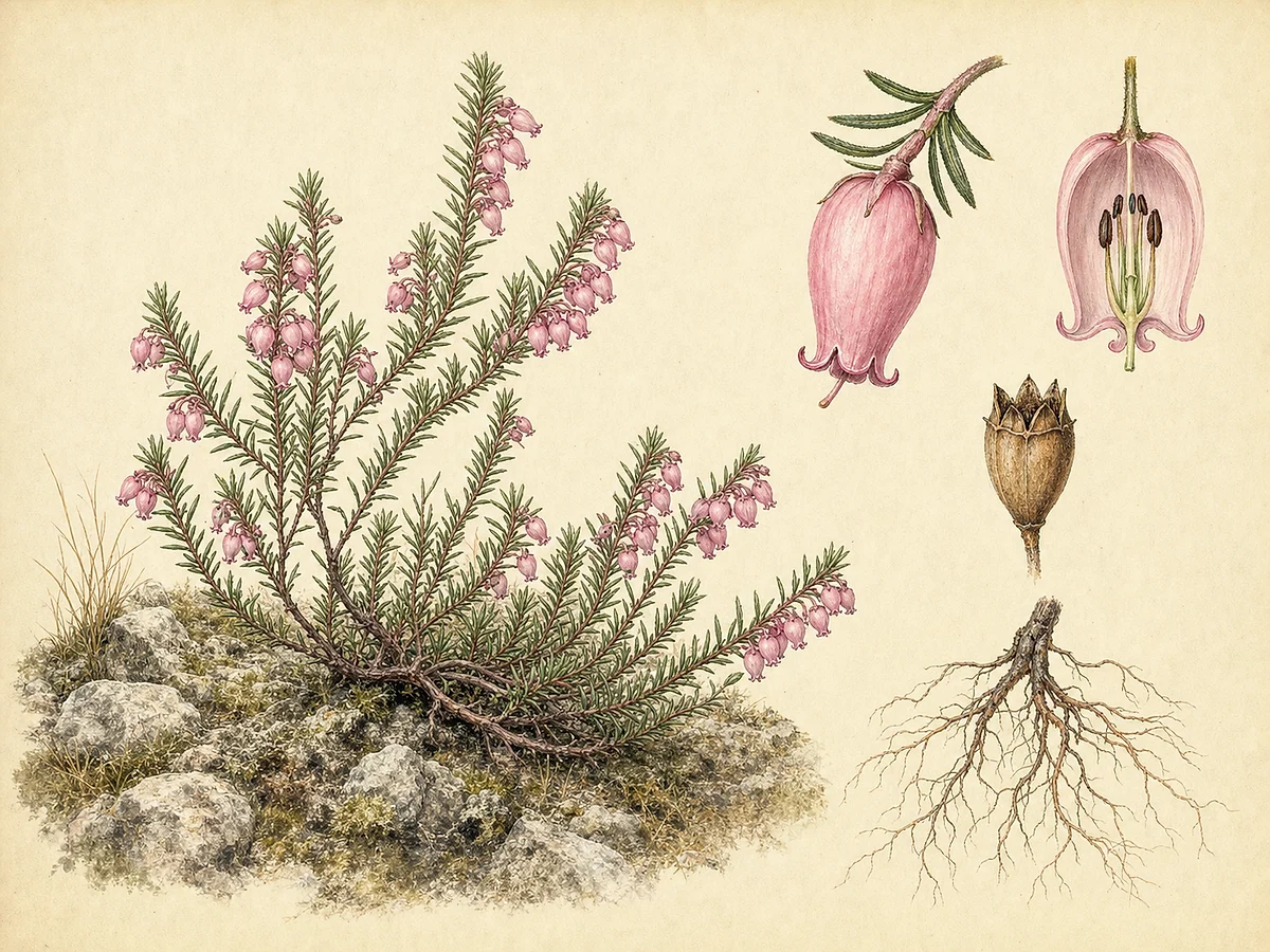 Prancha botânica de Erica carnea com subarbusto rasteiro, folhas aciculares, racemos de flores rosadas em urna, cápsulas e raízes finas