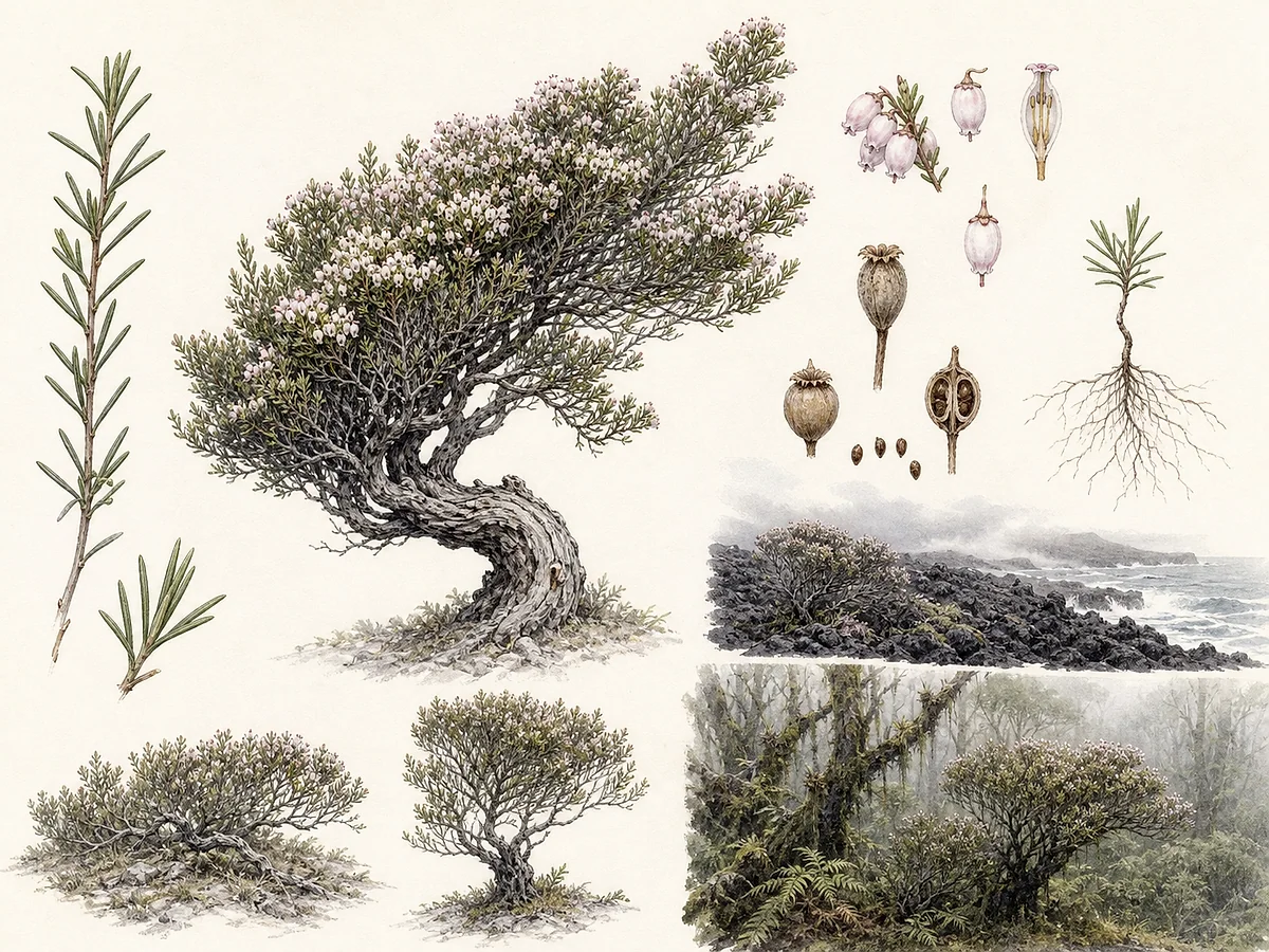 Prancha botânica de Erica azorica com arbusto ou pequena árvore retorcida, folhas muito estreitas, grupos terminais de pequenas flores e cápsulas