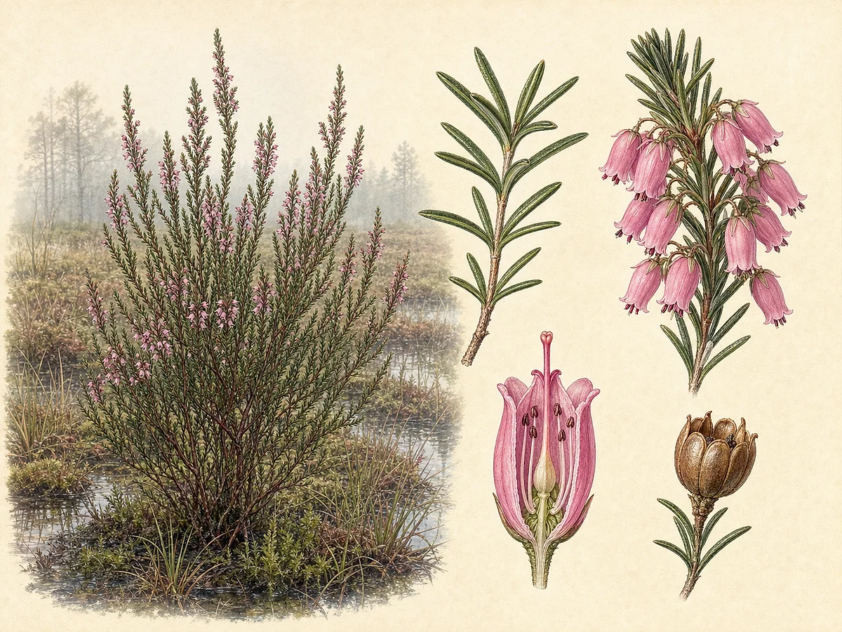 Prancha botânica de Erica erigena com porte arbustivo, folhas lineares verticiladas e numerosas flores rosadas campanuladas
