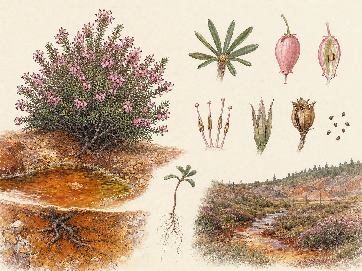 Prancha botânica de Erica andevalensis com arbusto baixo, folhas pequenas em verticilos, flores rosadas urceoladas e cápsula