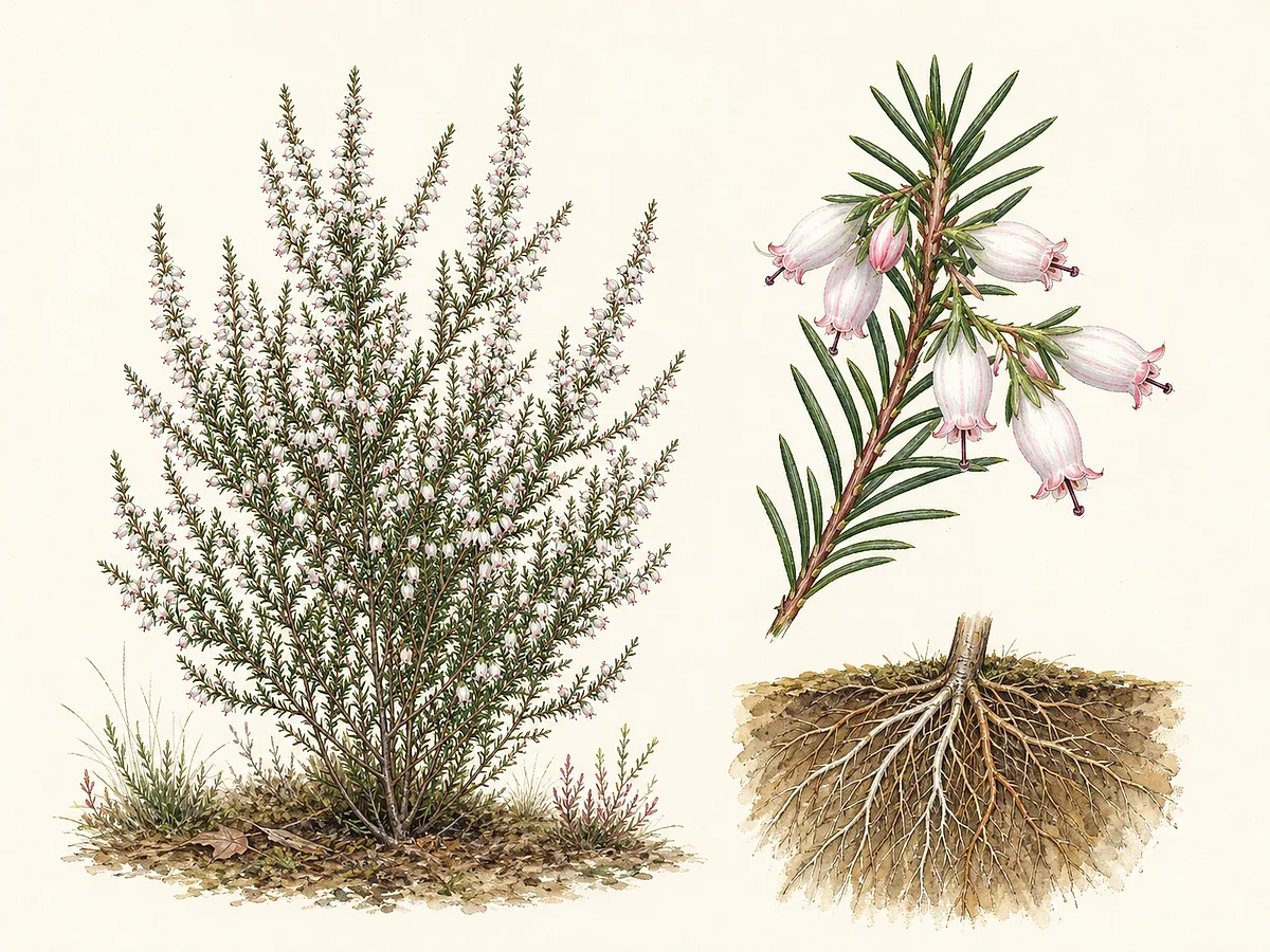 Ilustração botânica de urze-portuguesa como arbusto ereto com folhas estreitas em verticilos e muitas flores tubulares brancas rosadas