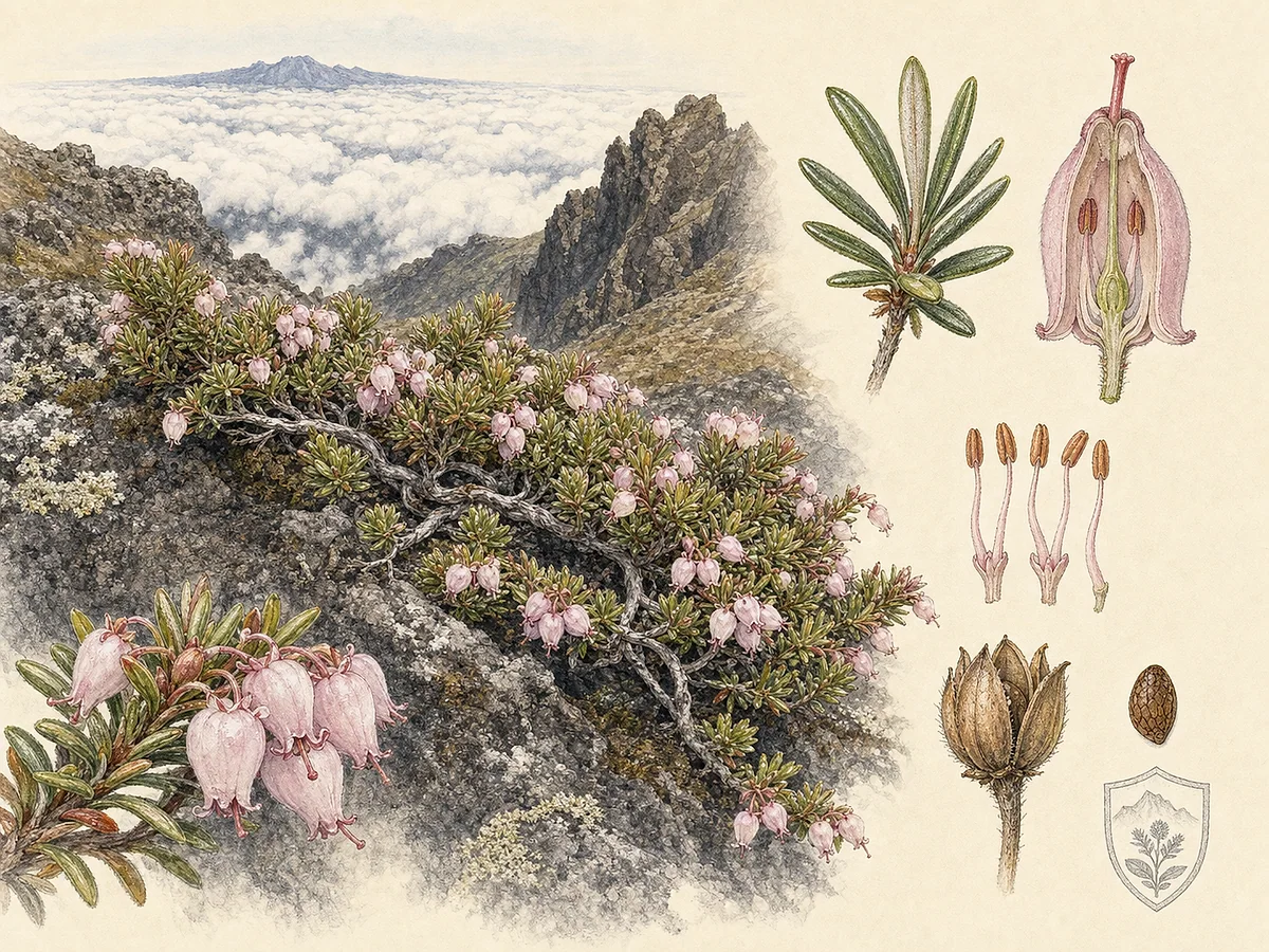 Prancha botânica de Erica maderensis com subarbusto baixo de montanha, folhas estreitas, flores rosadas urceoladas, cápsulas e hábito aderente à rocha