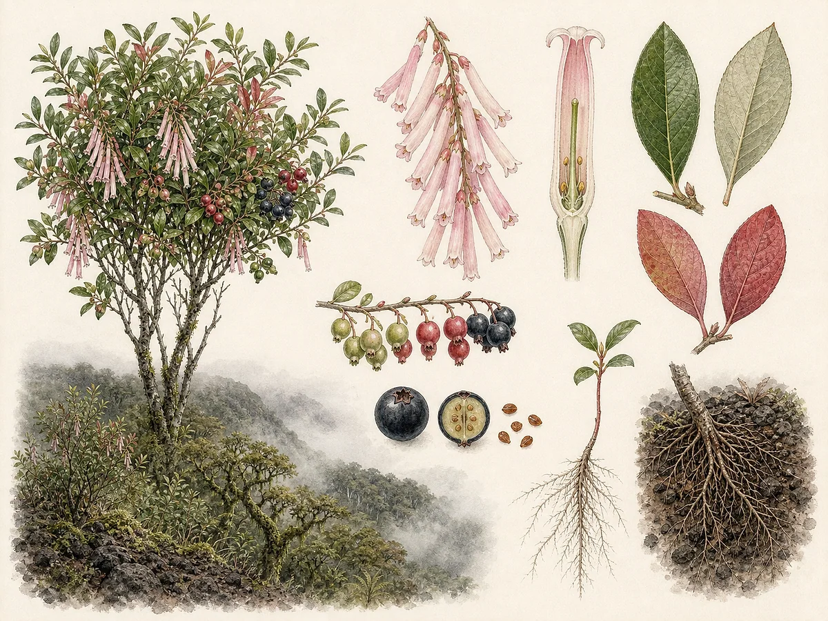 Prancha botânica de Vaccinium cylindraceum com arbusto alto, folhas caducas elípticas, cachos de flores cilíndricas rosadas e bagas azul-escuras