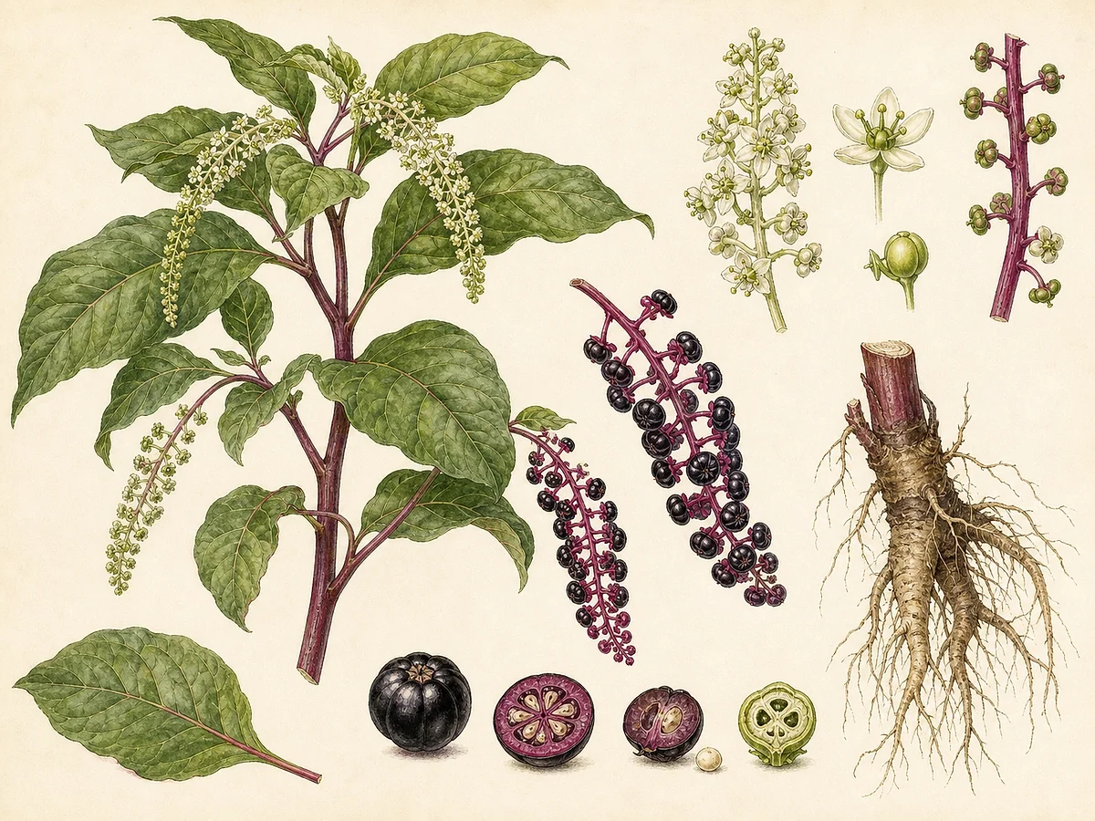 Prancha botânica de Phytolacca americana com caules arroxeados, folhas grandes, racemos de flores e bagas negras