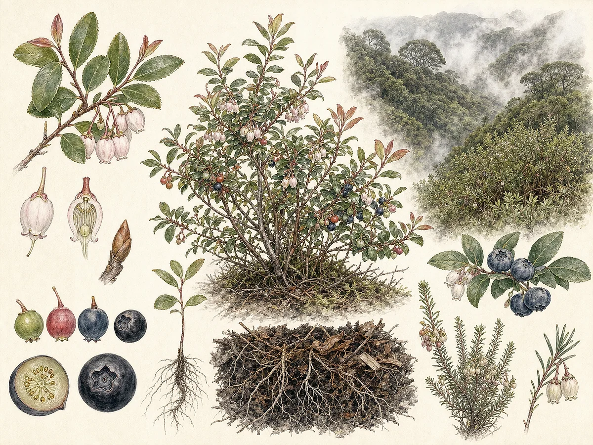Prancha botânica de Vaccinium padifolium com arbusto da laurissilva, folhas elípticas, flores urceoladas rosadas e bagas azul-negras