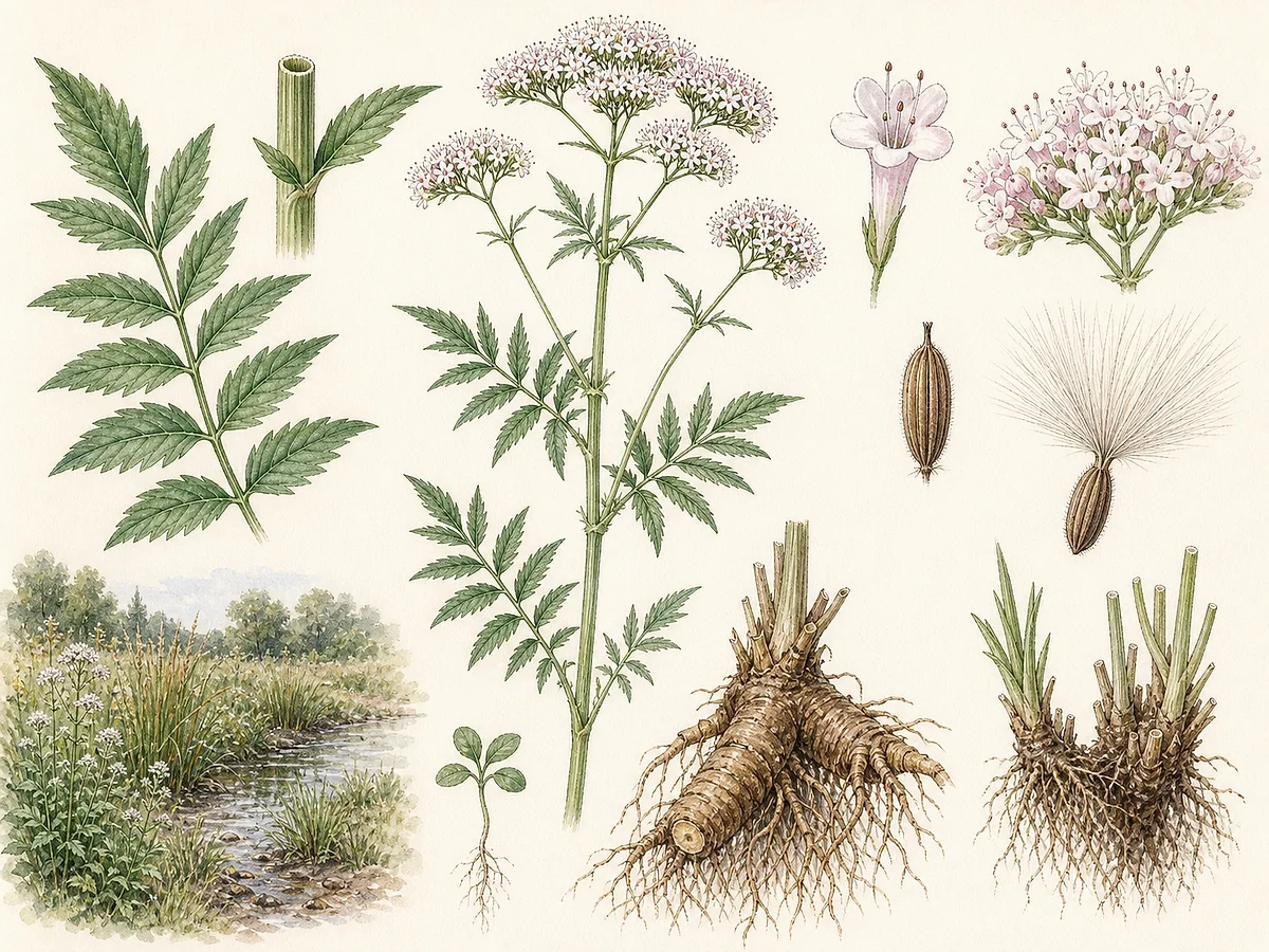 Prancha botânica de Valeriana officinalis com folhas pinadas opostas, corimbos de pequenas flores rosadas, aquénios plumosos e rizoma