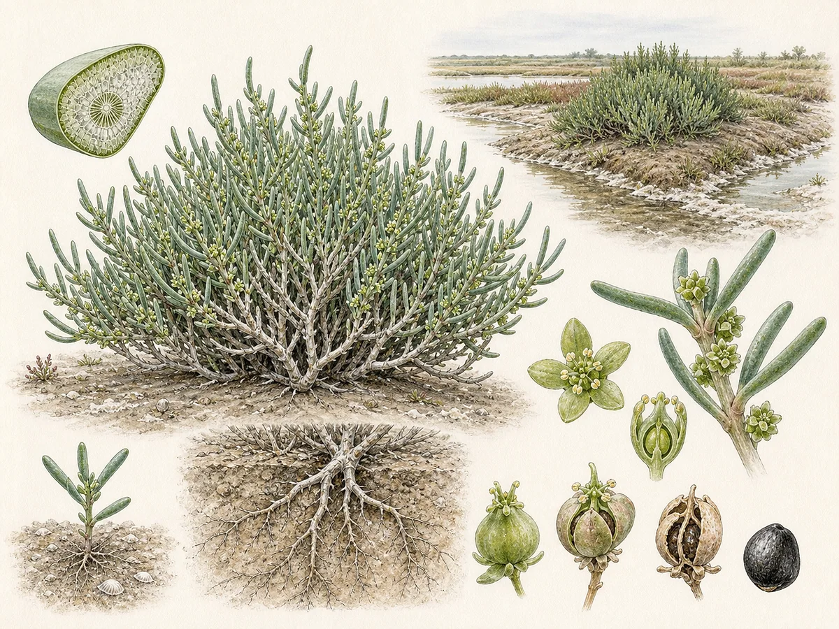 Prancha botânica de Suaeda vera com arbusto halófito denso, ramos lenhosos, folhas estreitas carnudas verde-azuladas, flores axilares minúsculas e sementes