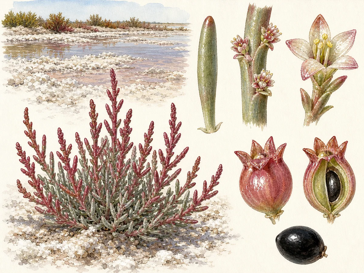 Prancha botânica de Suaeda splendens com anual baixa glauca e avermelhada, folhas alternas cilíndricas suculentas, flores axilares minúsculas e semente negra