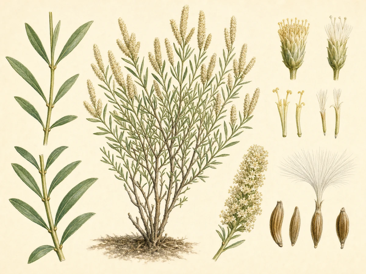 Prancha ilustrada de Baccharis spicata com arbusto ramificado desde a base, caules sem asas, folhas inferiores opostas, folhas superiores alternas, espigas cilíndricas e cipselas com papilho
