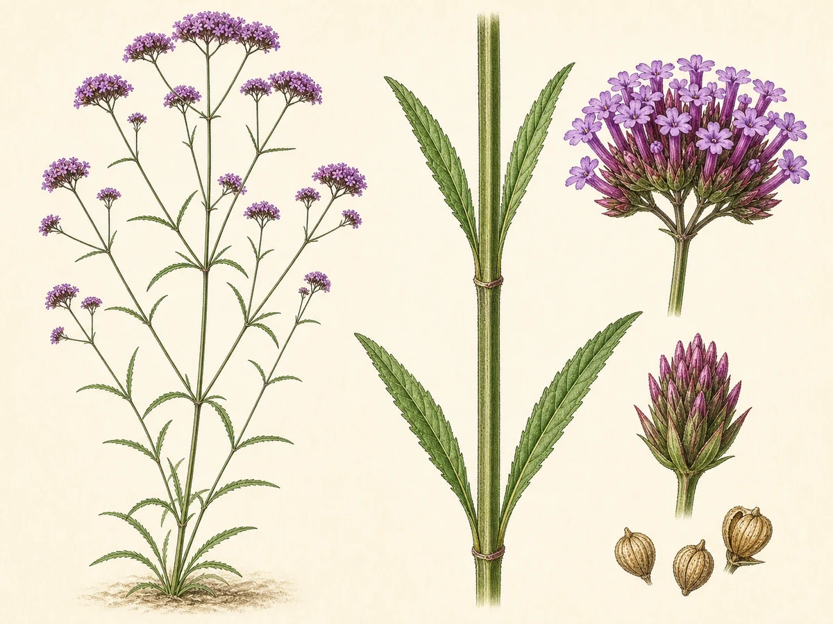 Prancha ilustrada de Verbena bonariensis com caules quadrangulares altos, folhas opostas estreitas e cachos densos de flores mauves