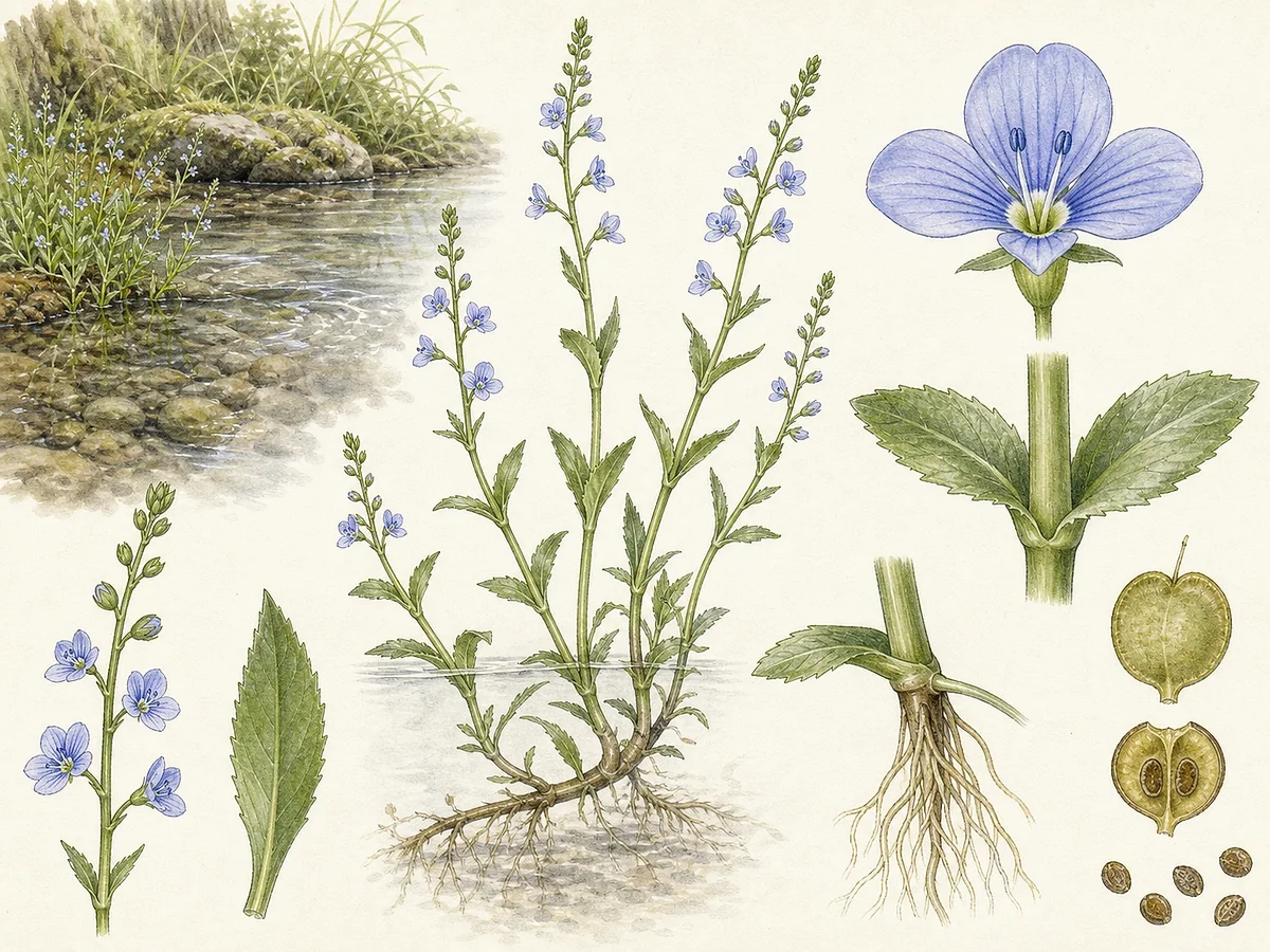 Prancha botânica de Veronica anagallis-aquatica com caules parcialmente submersos, folhas opostas lanceoladas, cachos de pequenas flores azul-lilás de quatro lobos, cápsulas e raízes nodais