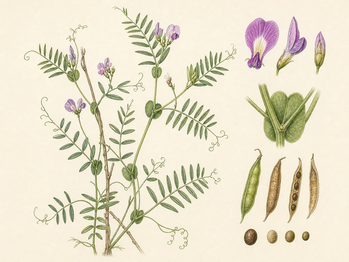 Prancha botânica documental de Vicia cordata, trepadeira autóctone registada no arquipélago da Madeira