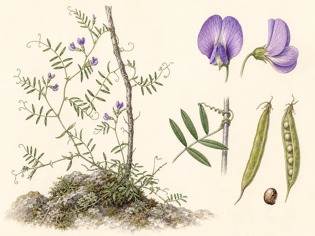 Prancha botânica documental de Vicia ferreirensis, trepadeira endémica da Madeira registada no arquipélago da Madeira