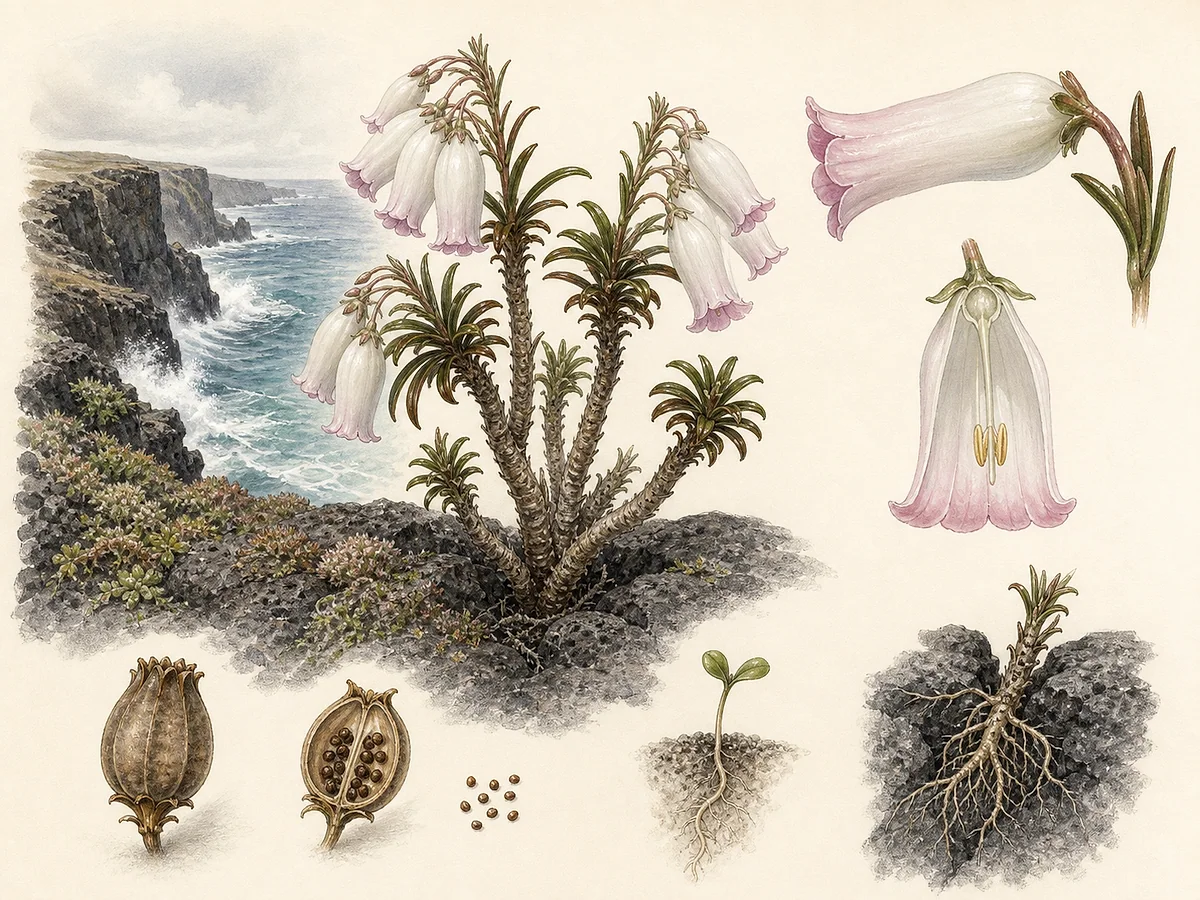 Prancha botânica de Campanula vidalii, sinónimo Azorina vidalii, com pequeno arbusto semissuculento, rosetas de folhas estreitas e flores cerosas campanuladas rosa e brancas